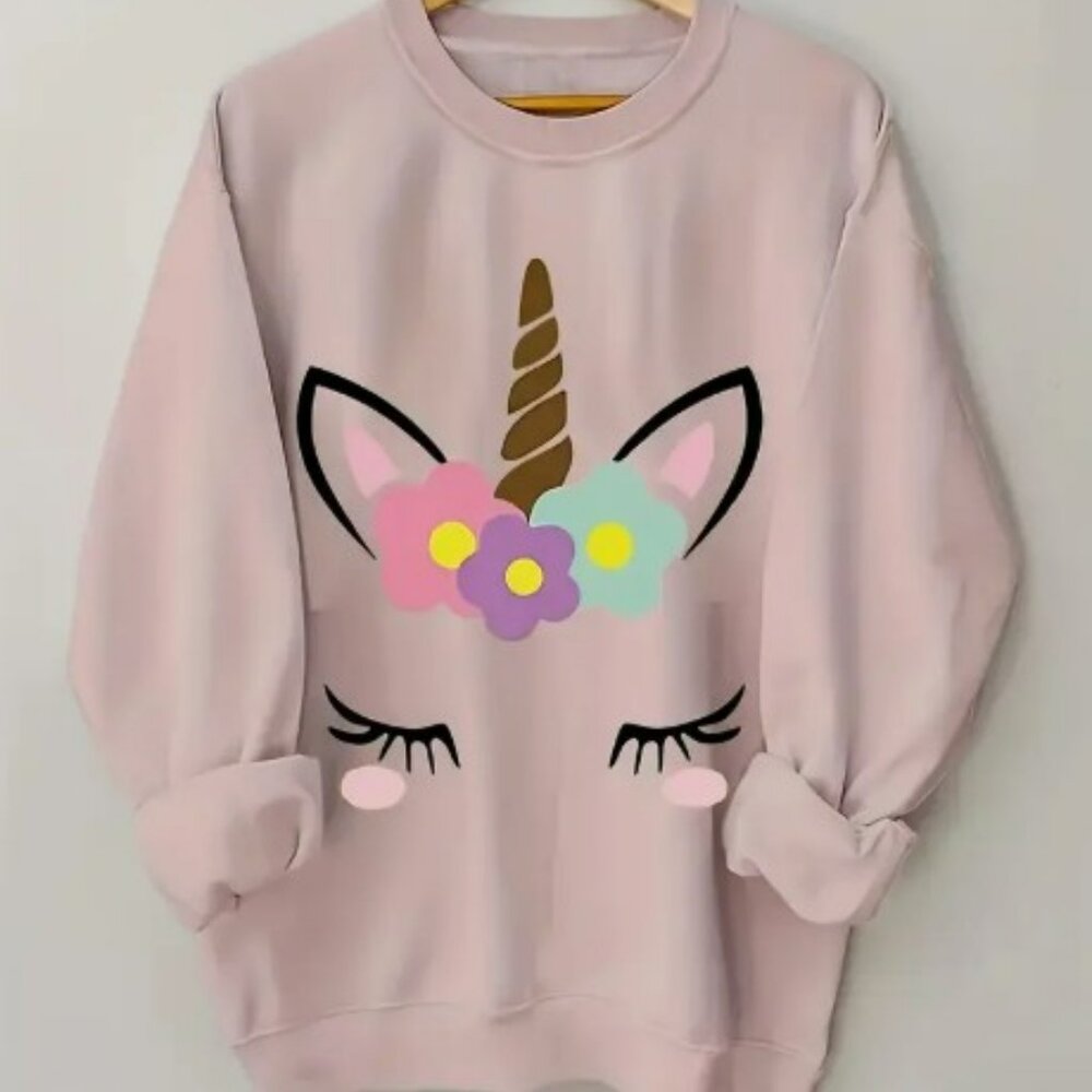 Women's unicorn Print Crew Neck Sweatshirt - Baby Pink - XL